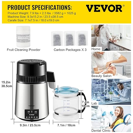 VEVOR Water Distiller, 304 Stainless Steel Countertop Water Stiller, 0.3Gal/H, 0-99H Timing Dual Temp Display, 1.1Gal Distilled Water Maker Machine, Glass Carafe, 3 Carbon Bags, Citric Acid Powder