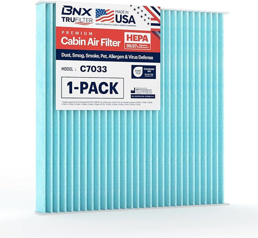 BNX TruFilter C7033 Cabin Air Filter, HEPA 99.97%, Compatible With Dodge Dart; Pontiac: Vibe; Toyota Tacoma