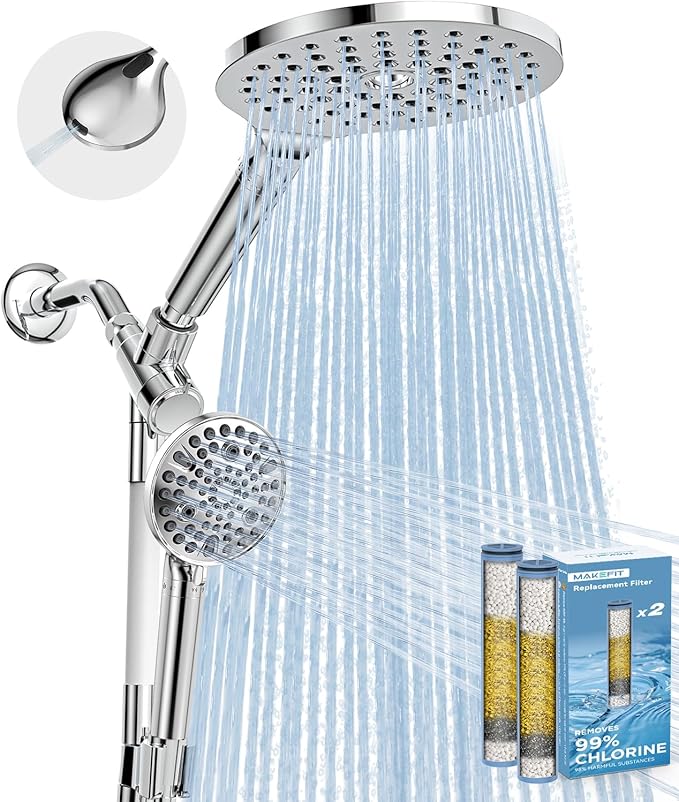 Dual Filtered Rain Shower Head Combo, Handheld Shower Head with Adjustable Bar - Rainfall Shower Head And Showerhead with Filter for Hard Water - Removes Chlorine