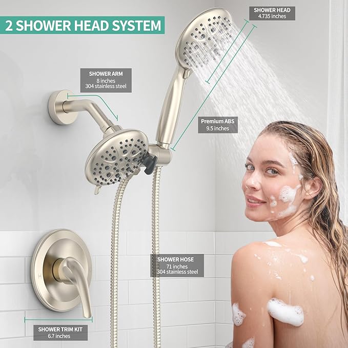 SR SUN RISE Shower System with Handheld Shower and Rain Shower Combo Set High Pressure 5-spray Dual 2 in 1 Shower Faucet Patented 3-way Diverter Brushed Nickel (Valve Include）