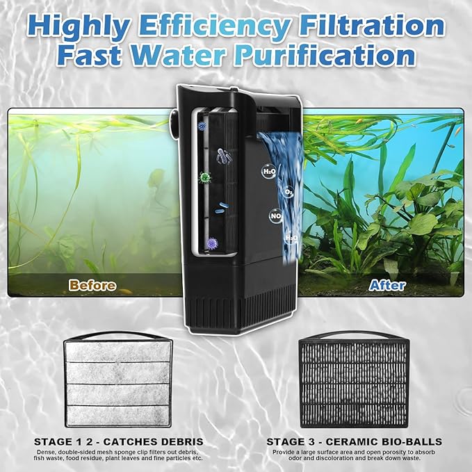 Turtle Tank Filter Aquarium Filter Power Adjustable 20-75 Gal. 290GPH Large Internal Filter 3-Stage Waterfall Bio-Filtration Low Water Level for Freshwater Saltwater Fish Tank Reptile Shrimp Frog