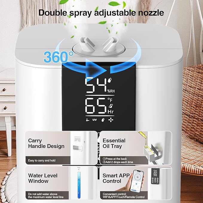 Smart Humidifiers Large Room Bedroom Home,2.11Gal(8L) Quiet Top Fill Cool Mist Humidifier,Smart App & Remote Control, 3 Speed Humidifier with 360°Nozzle,Humidity Setting for Baby Office Plant(White)