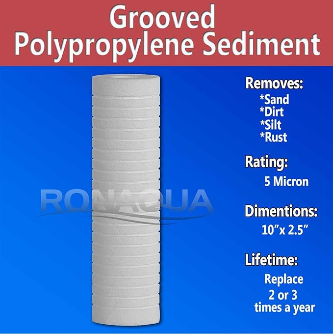 Grooved Sediment Water Filter Cartridge by Ronaqua 10"x 2.5", Four Layers of Filtration, Removes Sand, Dirt, Silt, Rust, made from Polypropylene (4 Pack, 5 Micron)