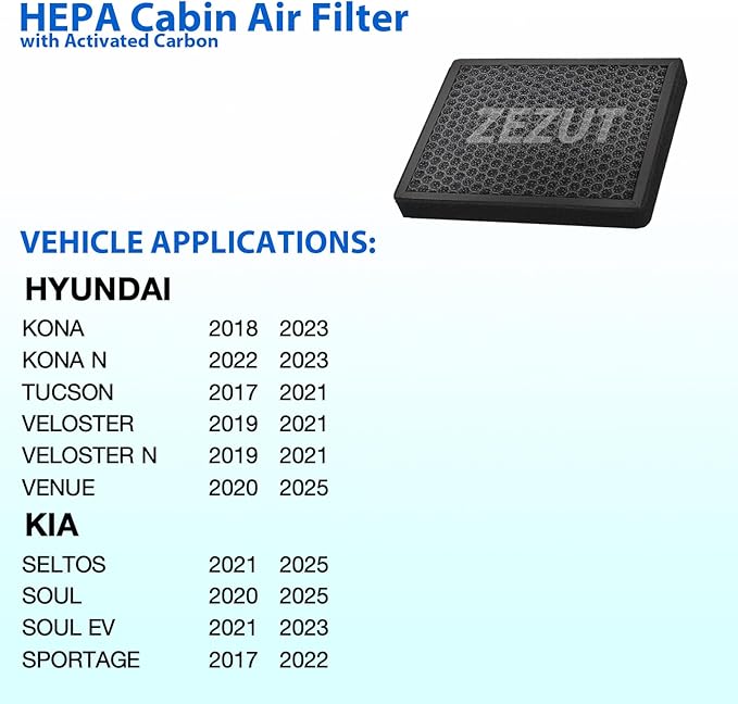 Cabin Air Filter CF12160 Fits 2016-2021 Hyundai Tucson, 2018-2023 Kona, 2022-2023 Kona N, Veloster, 2020-2025 Venue, 2017-2025 Kia Sportage, 2020-2024 Soul, 2021-2025 Seltos, Activated Carbon Beads