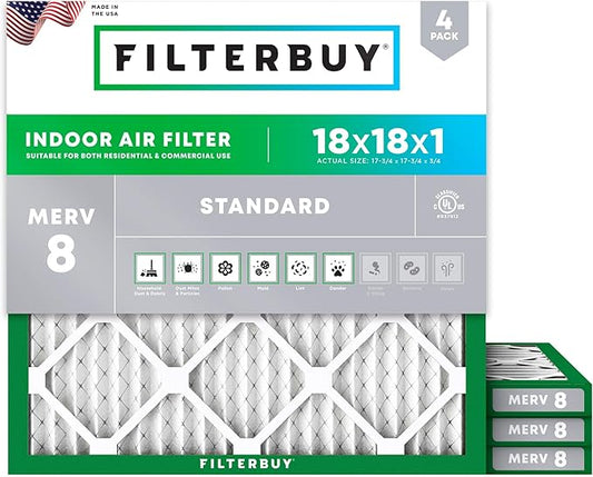 Filterbuy 18x18x1 Air Filter MERV 8 (MPR 700) Dust Defense Replacement (4-Pack), Electrostatic Pleated HVAC AC Furnace Filters, Made in USA (Actual Size: 17.75 x 17.75 x 0.75)