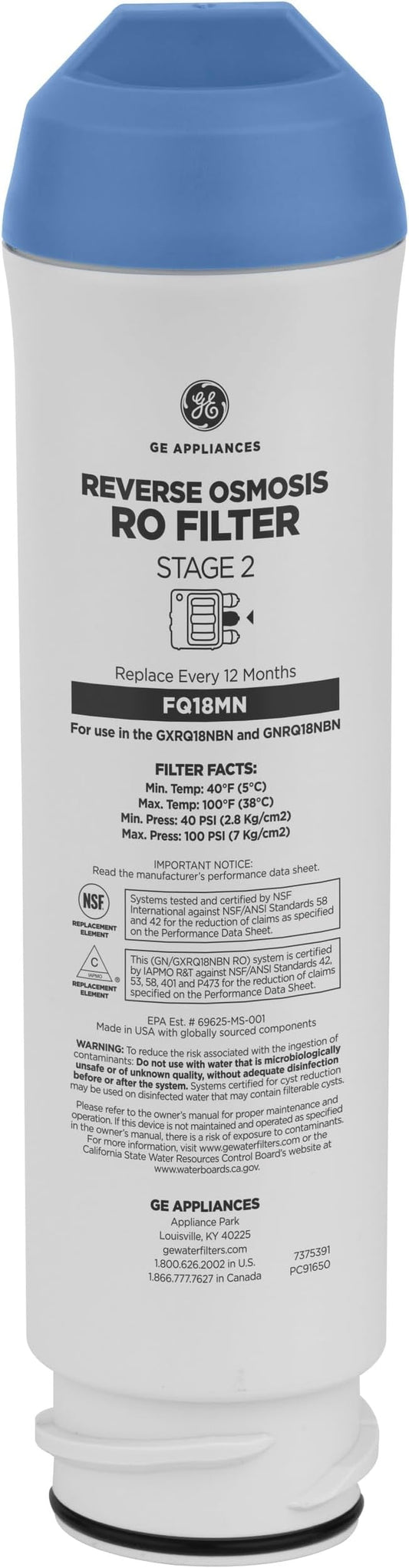 GE Membrane Filter Compatible with Select GE Under Sink Filtration Systems Including GXRQ18NBN, GNRQ18NBN, GXRV40TBN, Replace Every 12 Months, FQ18MN