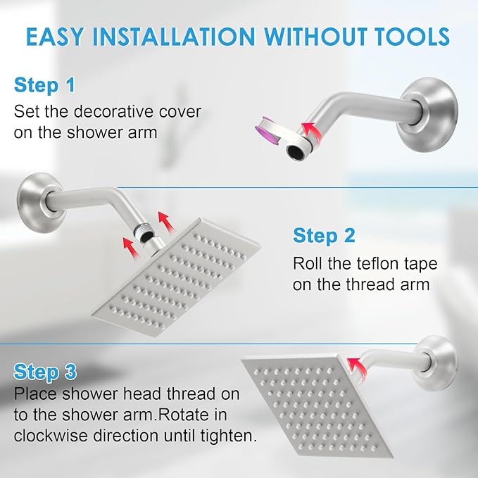 6 Inch Square Shower Head Stainless Steel High Pressure Rain Shower Heads with Extension Arm Adjustable Angle Replacement Shower Head for Modern Bathroom (Square, Brushed Nickel)