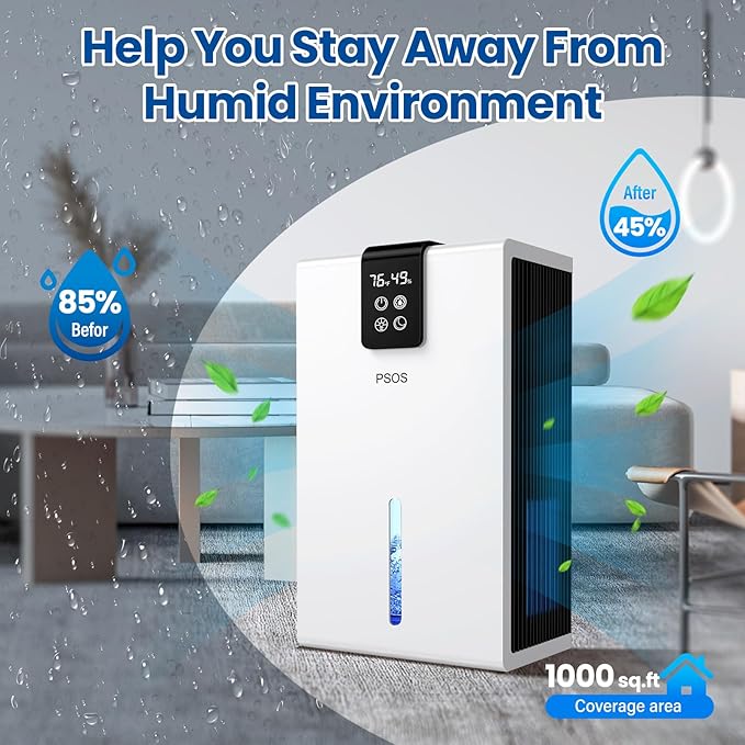 Dehumidifier, Dehumidifiers for Home, 98 OZ Water Tank, (1000 sq.ft) Quiet Dehumidifier for Basement Bedroom Bathroom with Humidity Display, Auto Shut Off, Relaxing 7 Color Ambient Light(White)