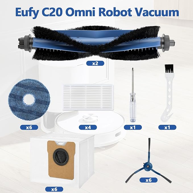 28 Pack C20 Omni Replacement Parts Accessories for Eufy C20 Omni Robot Vacuum Kit, 2 Roller Brush, 4 HEPA Filters, 6 Mop Pads, 6 Dust Bags, 8 Side Brushes,1 Cleaning Brush 1 Screwdriver