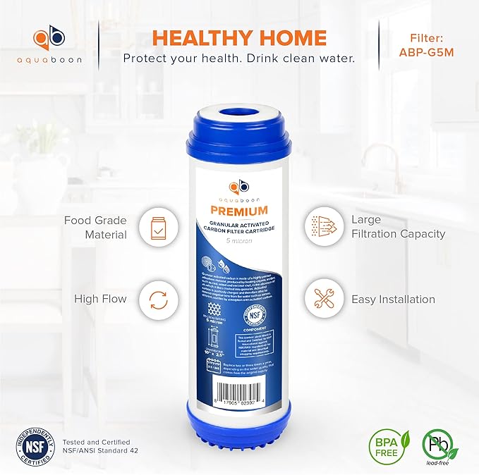 Aquaboon 5 Micron 10 x 2.5 Premium Granular Activated Carbon Water Filter Cartridge Replacement - GAC Filter Compatible with AP117, GAC-10, 6 Pack