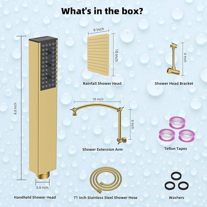Hibbent All Metal 10'' Rainfall Shower Head, Shower Head Combo, High Pressure Handheld Shower Wand, 4 Sprays, 16'' Adjustable Arc-shaped Extension Arm, 71'' Hose, Showerhead Holder, Brushed Gold