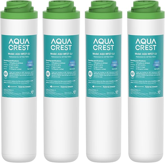 AQUA CREST FQK2J Under Sink Water Filter, Replacement for GE FQK2J, FQK1K, NSF/ANSI 42 372 Certified, 1350 Gallons Dual Flow Drinking Water Replacement Filters (4 Count)