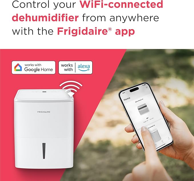 Frigidaire 50-Pint Portable Dehumidifier with Wi-Fi and Energy Star Certification for Medium/Large Rooms & Basements, Custom Humidity Control, Auto Shut Off, White