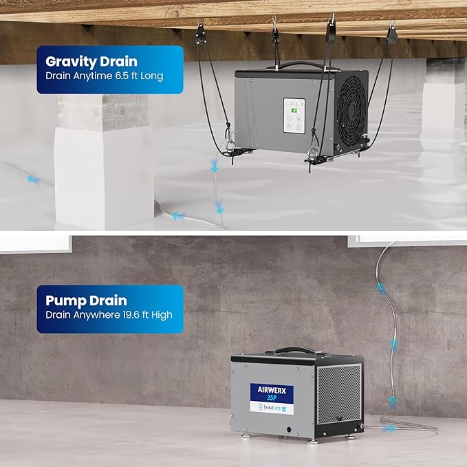 BaseAire Crawlspace Dehumidifier with Pump, Energy Star Compact Dehumidifiers for Commercial and Basement with Drain Hose, 70 PPD, Auto Defrost, GLGR Technology, Up to 1000 Sq Ft
