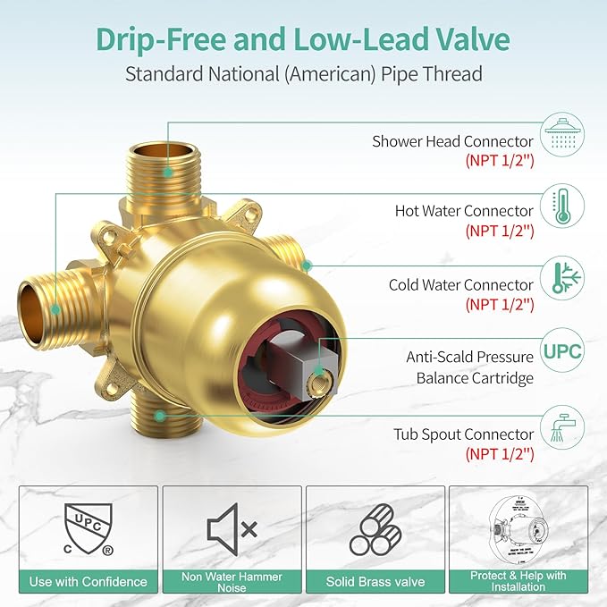 SR SUN RISE 5-Spray Dual Shower Head Cmbo Tub Faucet Set 3-Way Shower Head and Hand Held Shower Tub Faucets Sets Complete Single-Handle Tub and Shower Trim Kit, Brushed Gold (Valve Include）
