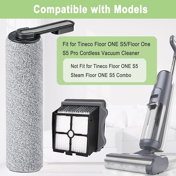 Brush and Filters Replacement Parts Accessories Compatible for Tineco Floor ONE S5/Floor One S5 Pro Cordless Vacuum Cleaner, 4 Roller Brushes, 4 Filters