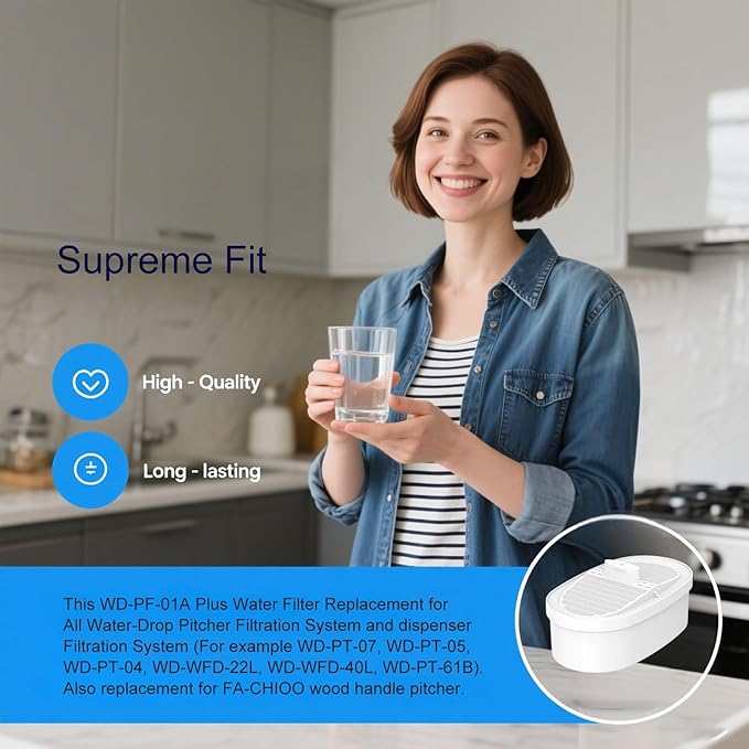 WD-PF-01A Plus Replacement Filters for All Waterdrop Pitcher and Dispenser Filtration Systems, Reduces PFAS, PFOA/PFOS, Chlorine, Last Up to 3 Months or 200 Gallons, 1 Pack