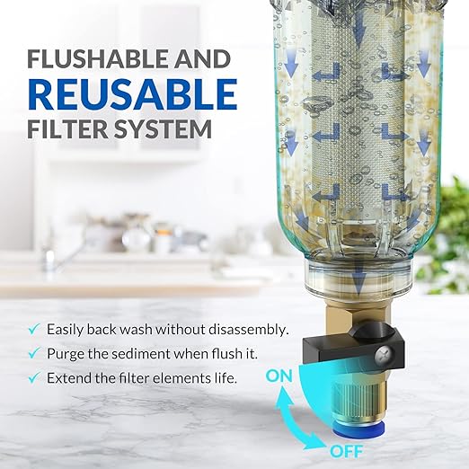 SimPure 40/200 Micron Spin Down Sediment Filter, Reusable Whole House Sediment Water Filter, Pre-Filtration System for City/Well water, 1" MNPT + 3/4" FNPT + 3/4"MNPT, BPA Free