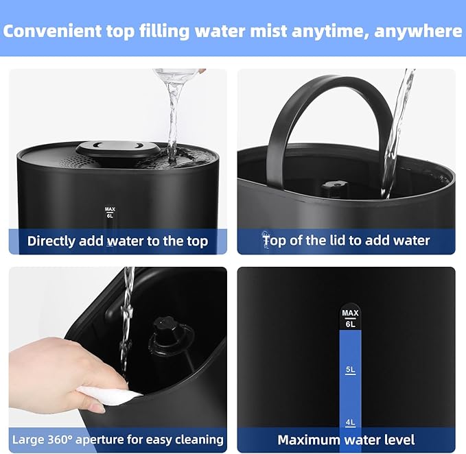 6L Humidifiers for Bedroom Large Room Home, Cool and Warm Humidifier for Plants Mist Top Fill Desk Humidifier Essential Oil Diffuser, Quiet Humidifiers with Adjustable Mist,360°Nozzle-Midnight Black