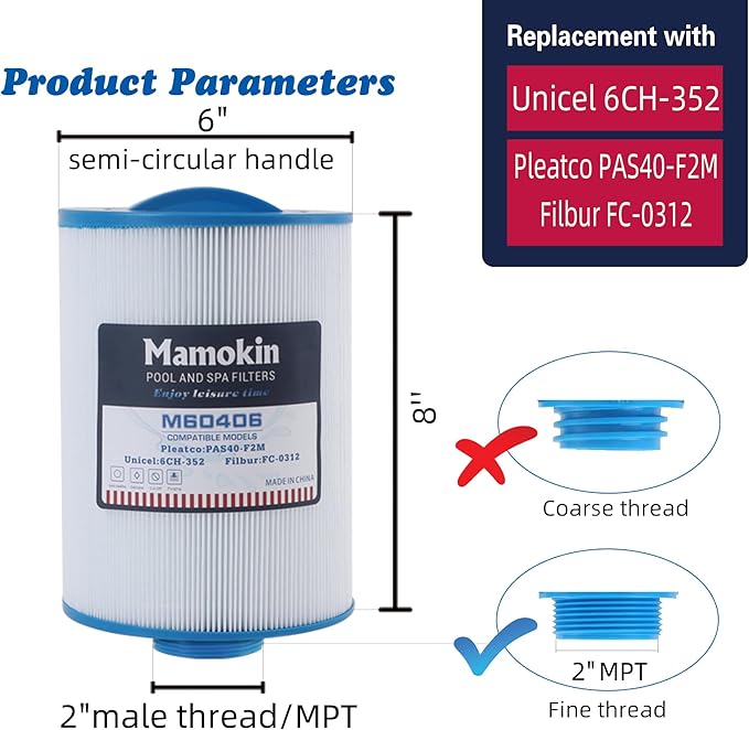 6CH-352 Spa Filter Replaces PAS40-F2M, FC-0312, PMA-R1/X268546 with Closed Handle, Artesian Spas 06-0014-12,06-0055, 2" MPT/Male Thread Hot Tub Filter Cartridge 2 Pack