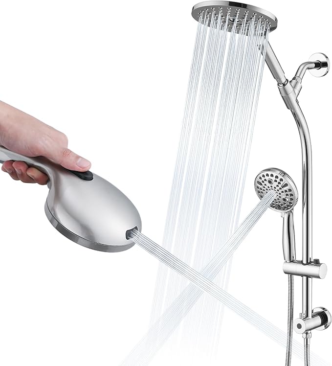High Pressure Shower Head with Handheld Shower, 26" Adjustable Height Drill-Free Slide Bar, 3-Way Diverter for Easy Reach, Dual Shower Head Combo Set with 5ft Hose - Chrome