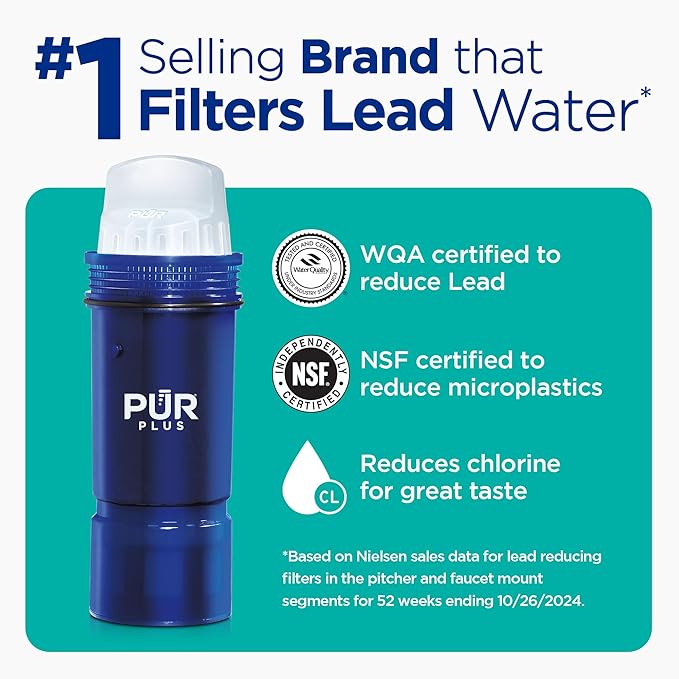 PUR Plus 7-Cup Water Pitcher, 1 Lead-Reducing Filter, Cleaner, Great-tasting Water, Dishwasher Safe, Powerful Filtration, Filter Change Light Indicator, LockFit Cap Design - White
