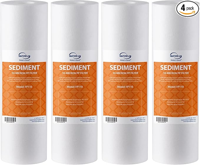 iSpring FP110X4 10"x2.5" Universal Sediment Water Filter Replacement Cartridges, 10 Micron Multi-layer Sediment Filter, 4 Pack