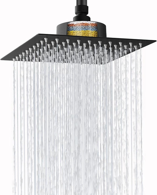 High Pressure Rain Shower Head with Filtered - 8" All Metal Square Showerhead Filter for Remove Chlorine and Harmful Substances, Matte Black
