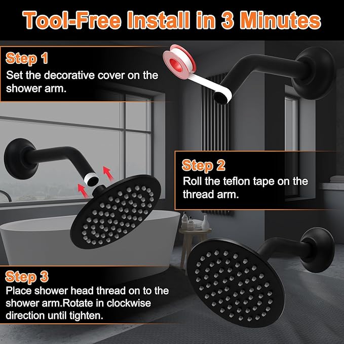 6 Inch Round Rainfall Shower Head with Stainless Steel Arm High Pressure Water Saving Anti-Clog Nozzles Easy Install for Bathroom/Bathtub (Round, Black)