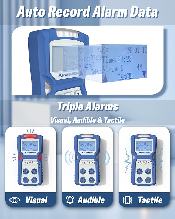 Gas Detector, 4 Gas Monitor for H2S, CO, LEL and O2, Portable Multi Gas Leak Detector with Vibration, Visual and Audible Alarms, 14h Long Battery Life, Natural Propane Sniffer Home Room Travel