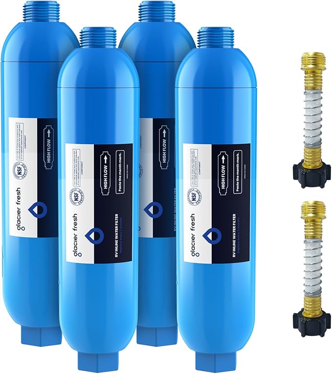 GLACIER FRESH RV/Marine Water Filter with 2 Flexible Hose Protector, Greatly Reduces Bad Taste, Odors, Chlorine and Sediment in Drinking Water, 4 Pack