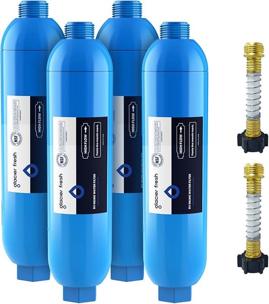 GLACIER FRESH RV/Marine Water Filter with 2 Flexible Hose Protector, Greatly Reduces Bad Taste, Odors, Chlorine and Sediment in Drinking Water, 4 Pack