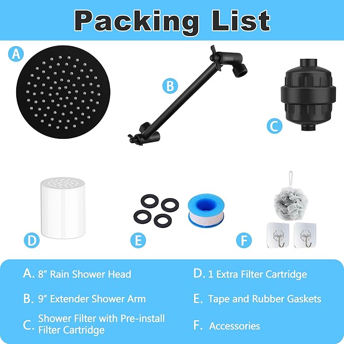 Metal 8-Inch Rainfall Filtered Shower Head for Hard Water with 9" Shower Extension Arm, High-Pressure Rain Shower Head with 20 Stage Filter - Removes Chlorine for Hair and Skin