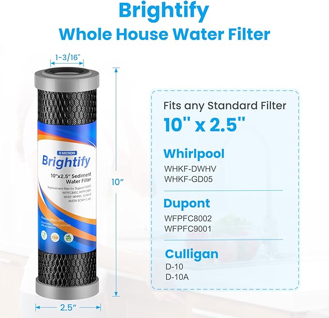 Brightify 10"x2.5" 5 Micron Carbon Water Filter, Whole House Carbon CTO Water Filter Cartridge Replacement Fits Culligan D-10A, P5-D, DuPont WFPFC8002, SCWH-5, GE FXWTC, Whirlpool WHCF-WHWC, 6 Pack