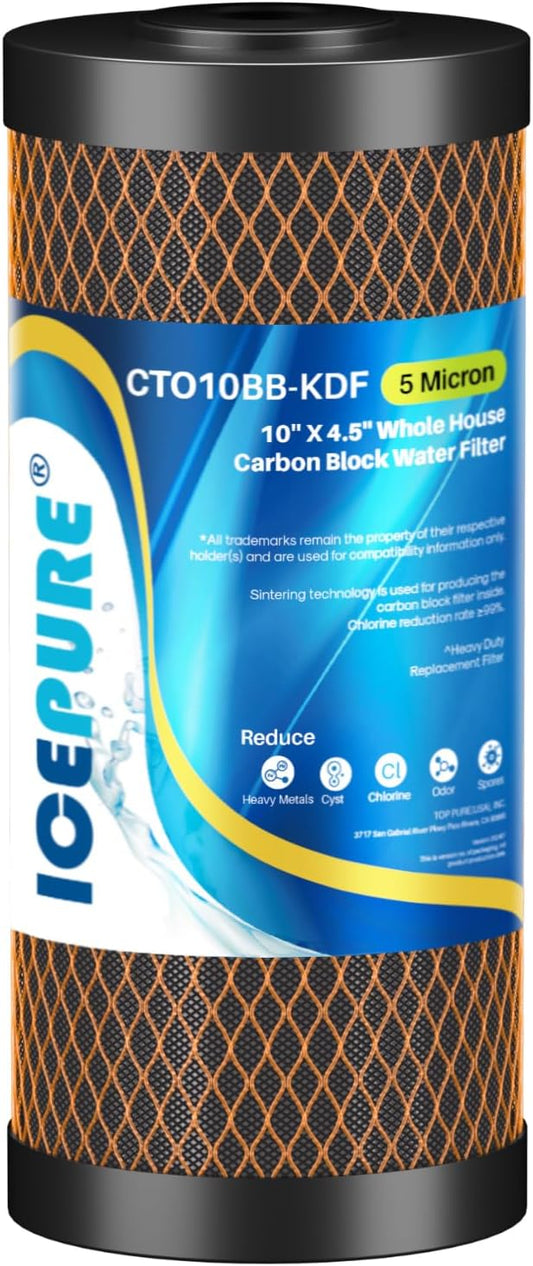 ICEPURE 5 Micron 4.5" x 10" CTO10BB-KDF Whole House Water Filter Coconut Shell Activated Carbon and KDF Replacement Cartridge Heavy Metal Removal Filter, 1PACK