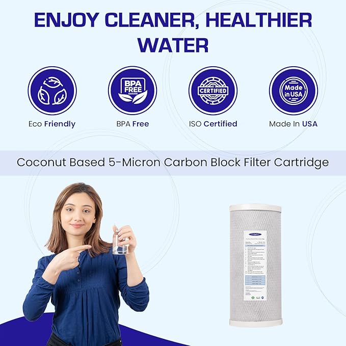 Crystal Quest 5-Micron Carbon Block Filter Cartridge - 4-5/8” x 9-3/4” - Coconut-Based Activated Carbon - Reduces Sediment and VOC’s - Sustainable Filtration