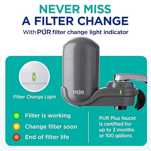 PUR Plus Vertical Faucet Mount Water Filtration System, Lead-Reducing Water Filter For Sink Faucet, Easy Install, 100 Gallons, Compatible with Sinks with External Aerators, Grey