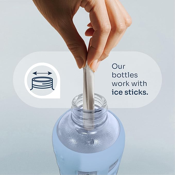 purifyou 40oz / 32oz / 22oz / 12oz Borosilicate Glass Water Bottle with Time & Volume Markers, Silicone Sleeve, Stainless Steel Lid | Reusable Glass Bottle for Water & Juice (12oz Ice Blue)