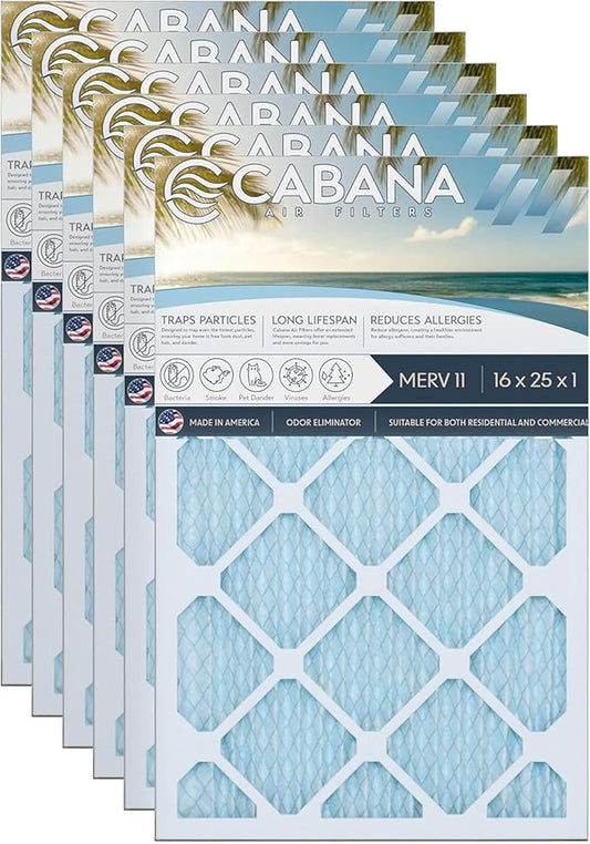 Cabana Filters 16x25x1 AC Furnace Air Filter, Merv 11 Capture Unwanted Particles, Pleated Furnace Filter HVAC AC Filters - Made in the USA - 6 Pack