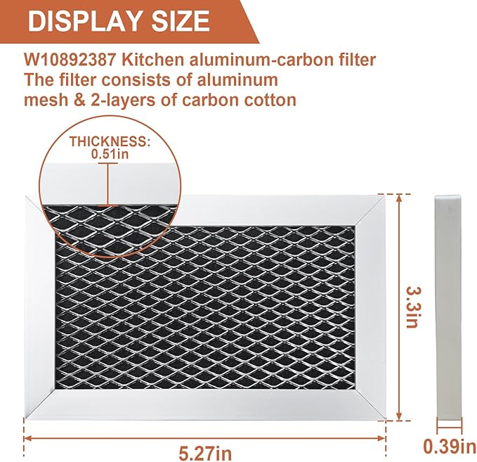 2 Pack W10892387 Microwave Charcoal Grease Filter for Whirlpool, Maytag, Amana Over-The-Range Microwave Charcoal Grease Filter Replaces 4455038, PS11769323, W10845250，AP6036051, 5.27 x 3.3 x 0.39"
