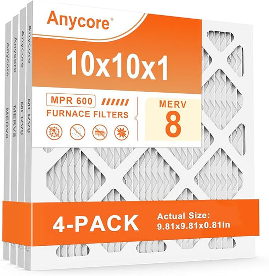 10x10x1 AC Furnace Air Filter 4-Pack MERV 8 MPR 600 FPR 5 HVAC Pleated Filters for Home Office (Actual Size: 9.81x9.81x0.81 inch)