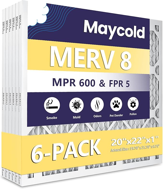 Maycold 20x22x1 MERV 8 Air Filter (6-Pack) | High-Efficiency HVAC & Furnace Replacement Filters | Exact Size: 19.70" x 21.70" x 0.75" | Clean & Convenient Individually Wrapped Packaging