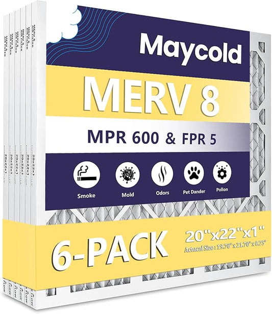 Maycold 20x22x1 MERV 8 Air Filter (6-Pack) | High-Efficiency HVAC & Furnace Replacement Filters | Exact Size: 19.70" x 21.70" x 0.75" | Clean & Convenient Individually Wrapped Packaging