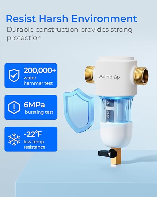 Waterdrop Spin Down Sediment Filter, Reusable Whole House Water Filter System, Flushable Pre-Filter System for City/Well Water, 50 Micron, 1" MNPT + 3/4" FNPT, WD-PF01
