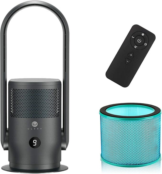 ULTTY Bladeless Tower Fan and Air Purifier in one, 90° Oscillating Bladeless Fan with Remote, Touch, 8H Timer, Floor Fans for Bedroom Whole Room Home Office R021, Black