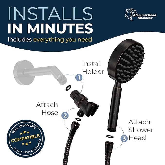 HammerHead Showers® Solid Metal Handheld Shower Head with Hose and Brass Holder - OIL RUBBED BRONZE - 2.5 GPM High Pressure Shower Heads with Adjustable Shower Wand Bracket - 6ft Flexible Extension