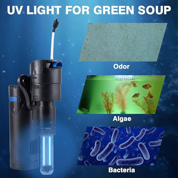 UV Aquarium Filter Uv Sterilizer For 21-53 Gallon Fish Tank 185GPH, 20 Watt Submersible Internal Pump Uv Sterilizer For Salt Water Aquarium 4.9FT Cord | Marine Aqua,Turtle Tank Green Killing Machine