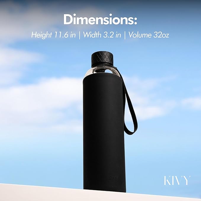 KIVY Glass Water Bottle with Silicone Sleeve 32 oz [WITH MEASUREMENT] - Borosilicate Glass Water Bottle Screw Top - Black Waterbottle Aesthetic - Clear Bottles with Measurement Marking