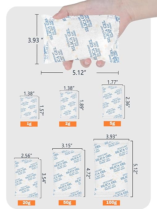 100 Gram 15 Pcs (Color-Indicating) Silica Gel Packets, Premium Food Grade Desiccant, Rechargeable Moisture Absorbers for Car, Storage Bins, Suitcase, Safe, 3D Filaments, Electronics