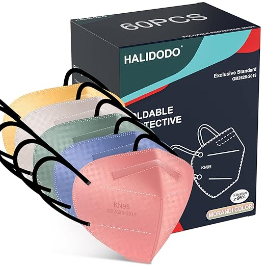 HALIDODO Individually Wrapped, 60 Packs KN95 Face Mask, 5-Ply Breathable Comfortable Safety Mask with Over 95% Filtering, Morandi Multi Color